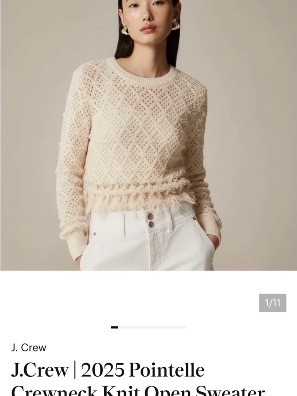 J. Crew Cream Pointelle Crewneck Sweater with Fringe Trim